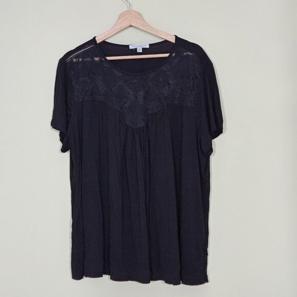 Green Envelope Top Womens 3X Black SS Lace Flowy Stretch USA Whimsigoth Cottage - Picture 1 of 13